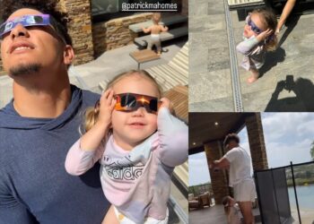 [VIDEO] Hilarious moment Patrick Mahomes races into dad mode to cover daughter Sterling’s eyes as she tries to look straight at the solar eclipse… after the Chiefs star held her up to watch it
